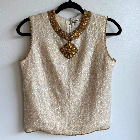 Amazing Iridescent Sequin Top with Jeweled Neckline - Vintage 50's-60's - Picture 1 of 14